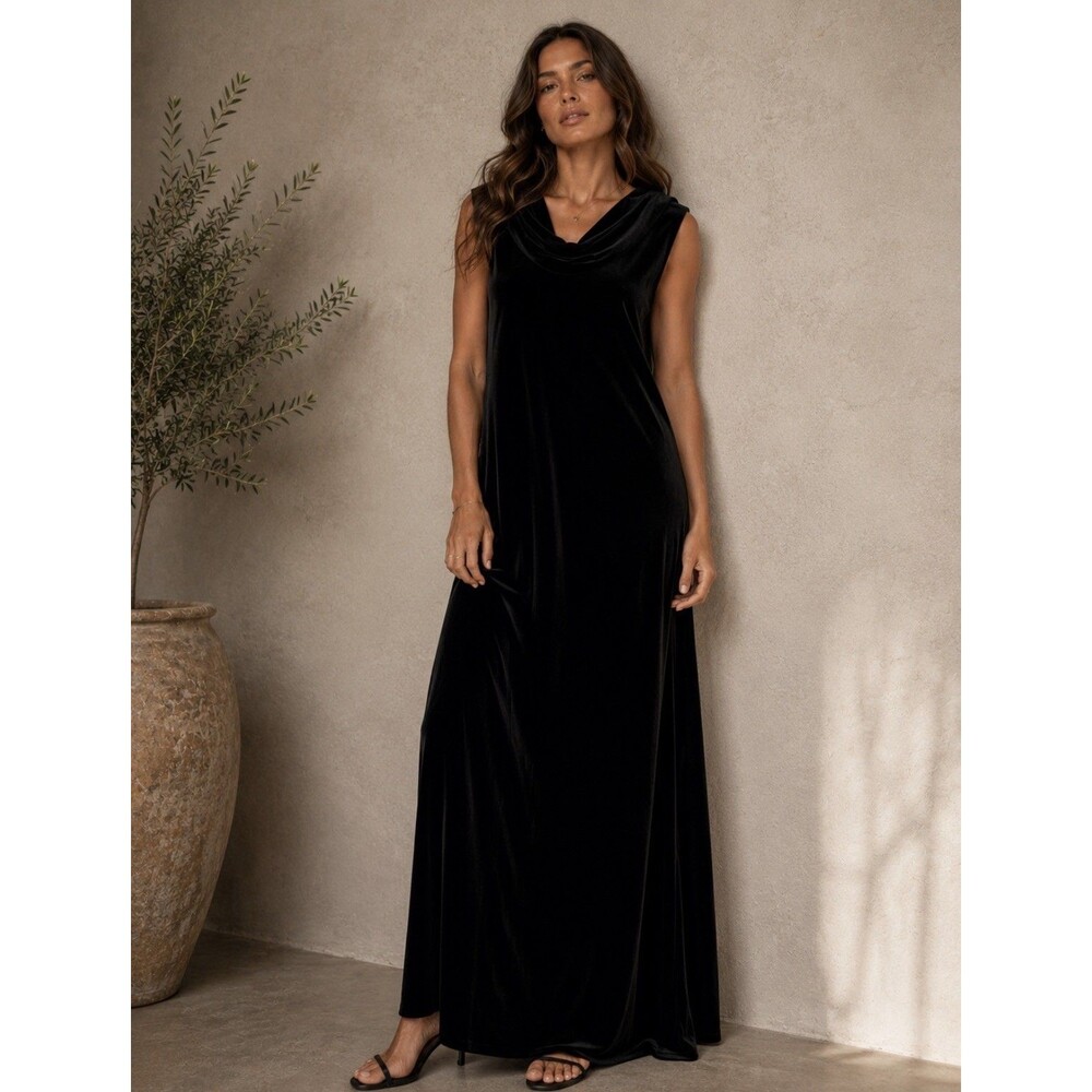 Coldwater Creek Black Velvet Maxi Dress Draped Cowl Neck Sleeveless Elegant 16